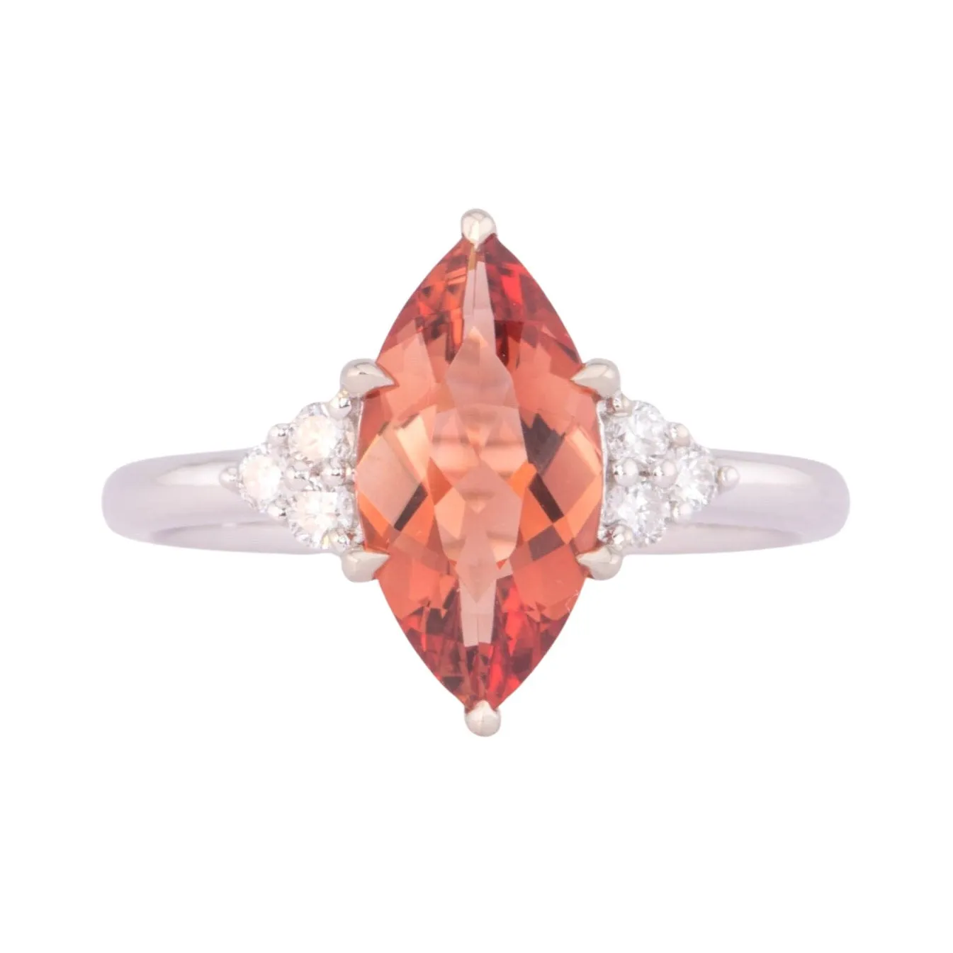 1.69ct Deep Red Oregon Sunstone with Trio Diamonds 14K White Gold Engagement Ring R6588