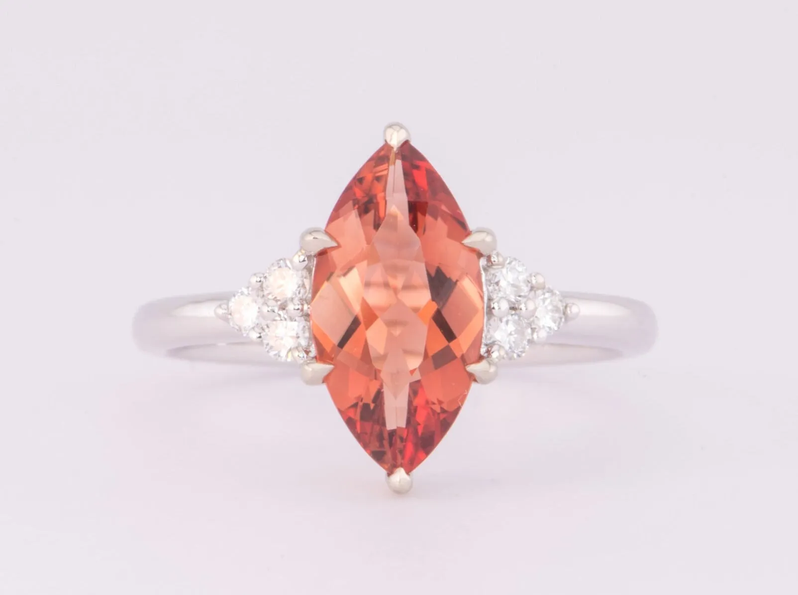 1.69ct Deep Red Oregon Sunstone with Trio Diamonds 14K White Gold Engagement Ring R6588