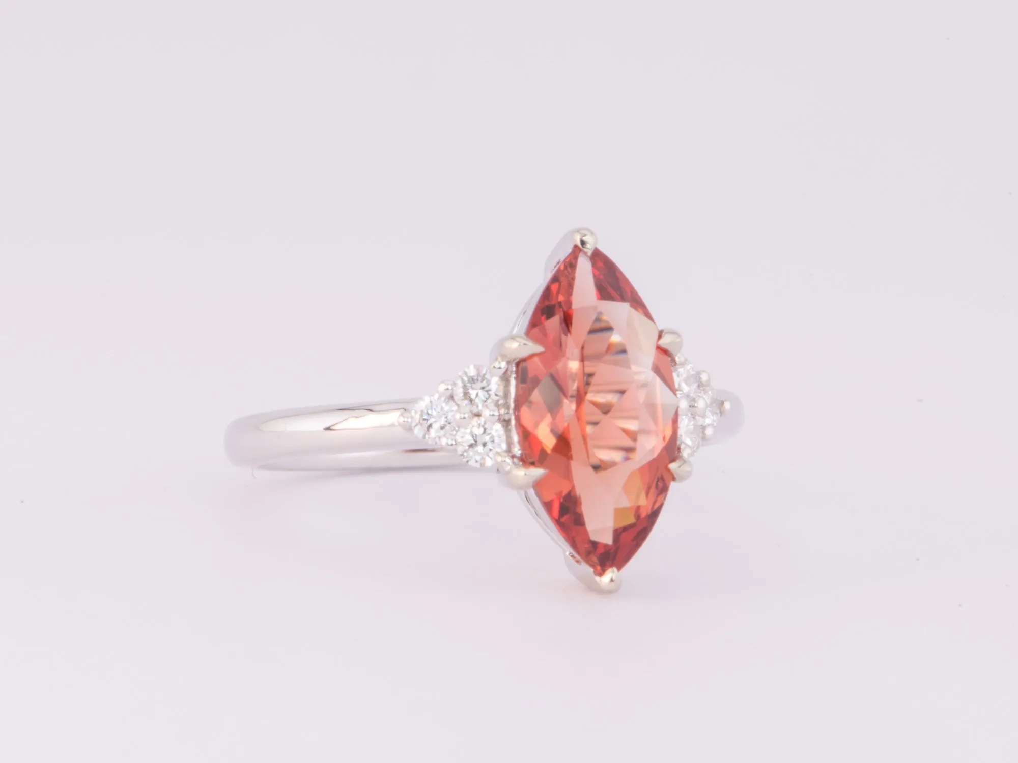 1.69ct Deep Red Oregon Sunstone with Trio Diamonds 14K White Gold Engagement Ring R6588