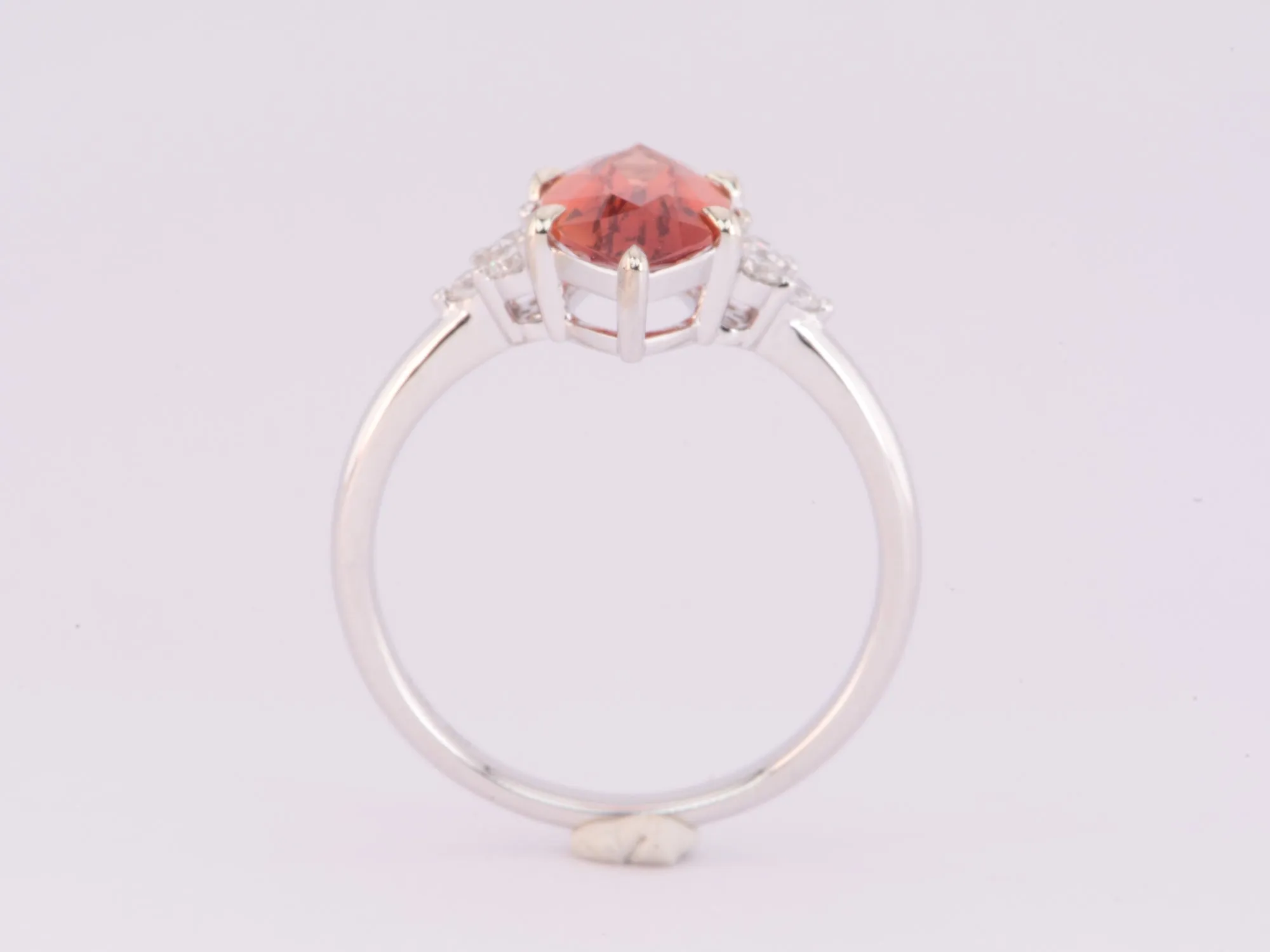 1.69ct Deep Red Oregon Sunstone with Trio Diamonds 14K White Gold Engagement Ring R6588