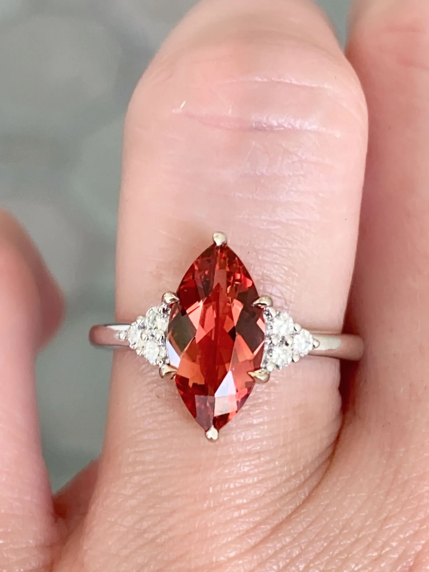 1.69ct Deep Red Oregon Sunstone with Trio Diamonds 14K White Gold Engagement Ring R6588