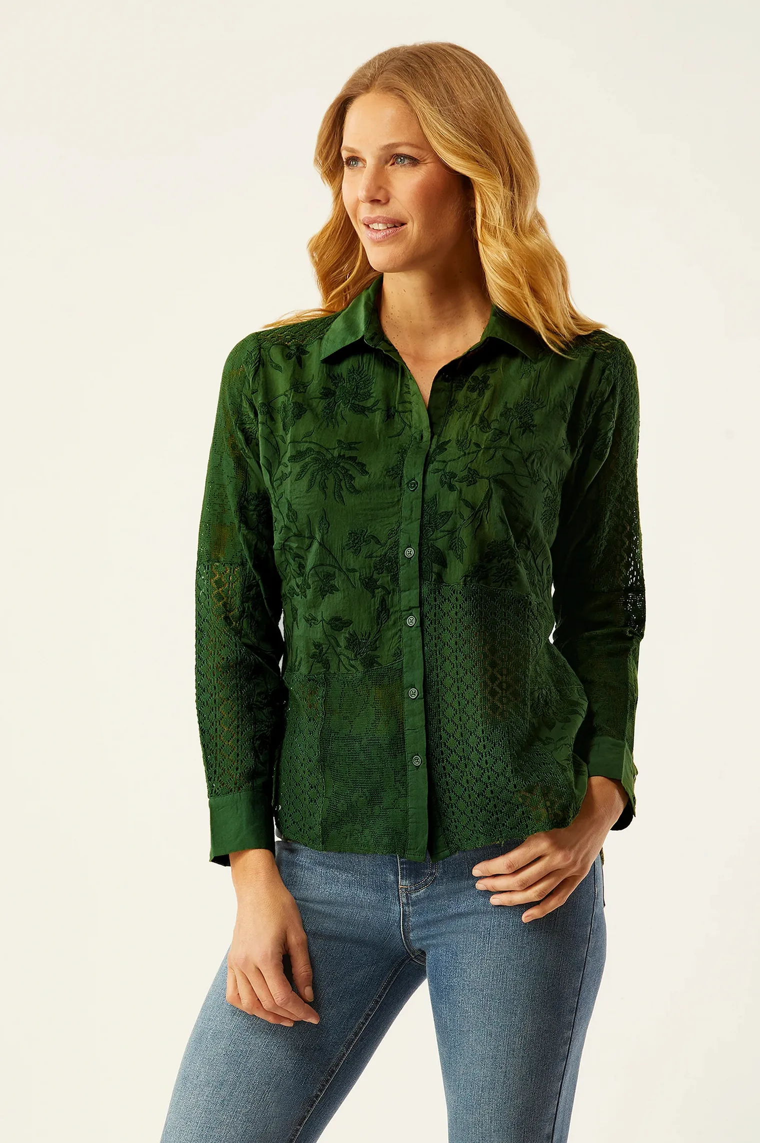 3491WT Ecru Streep Patchwork Embroidered Shirt