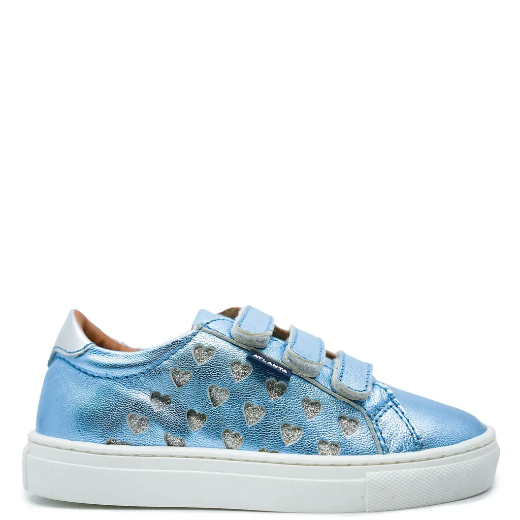 Atlanta Mocassin Blue Metallic Heart Velcro Sneaker