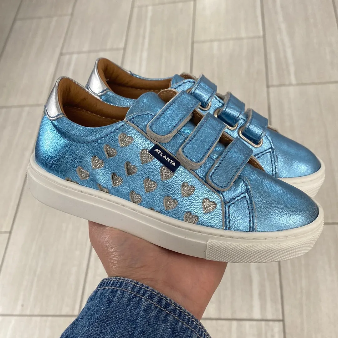 Atlanta Mocassin Blue Metallic Heart Velcro Sneaker