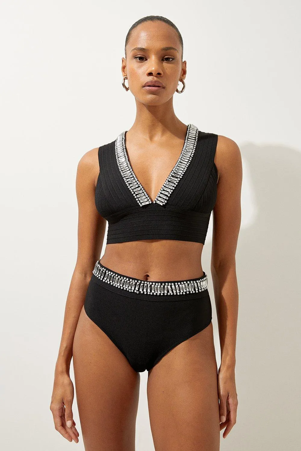 Bandage Embellished Trim High Waist Bikini Bottoms | Karen Millen