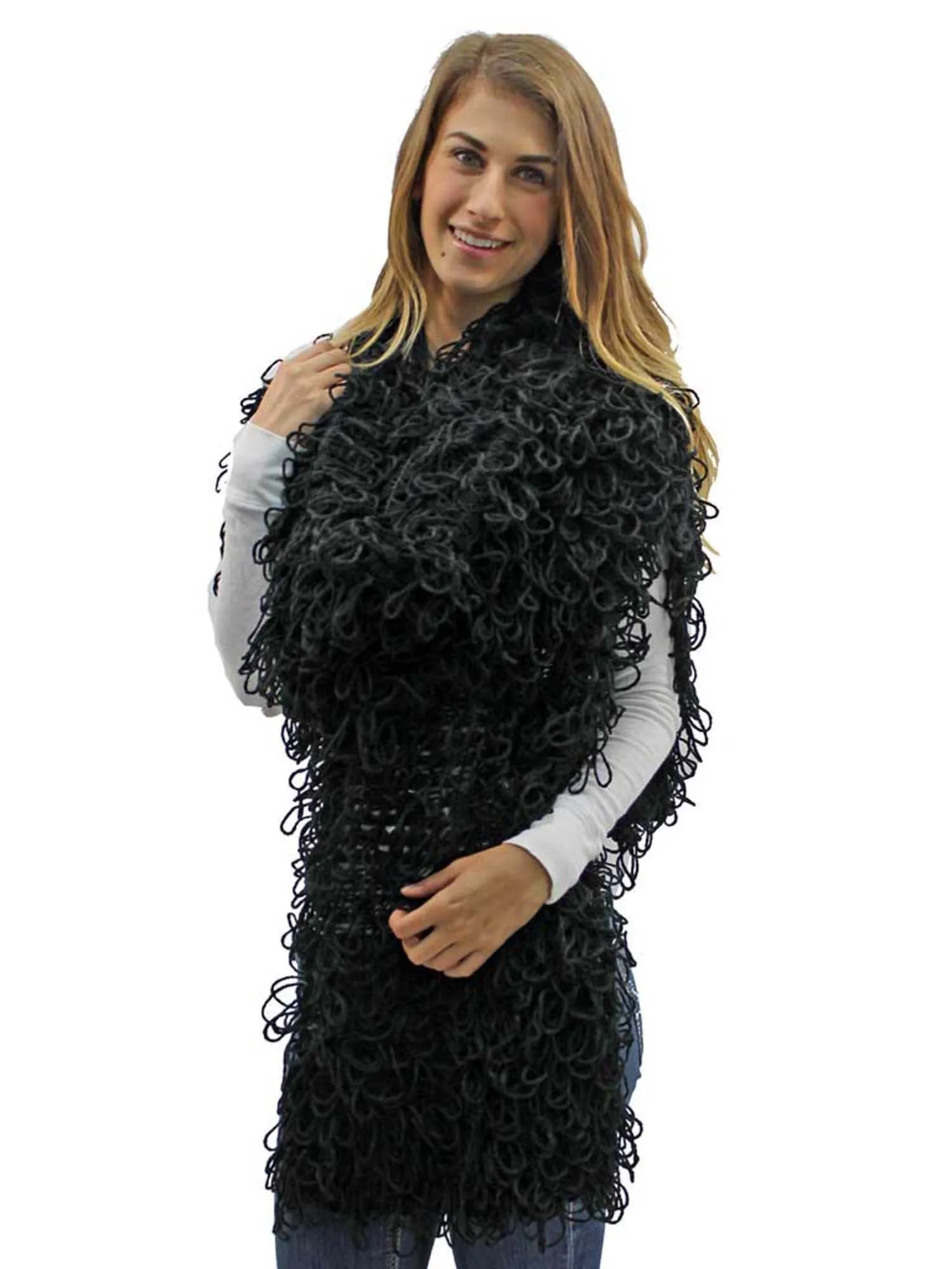 Black Loop Knit Long Shawl Scarf Wrap