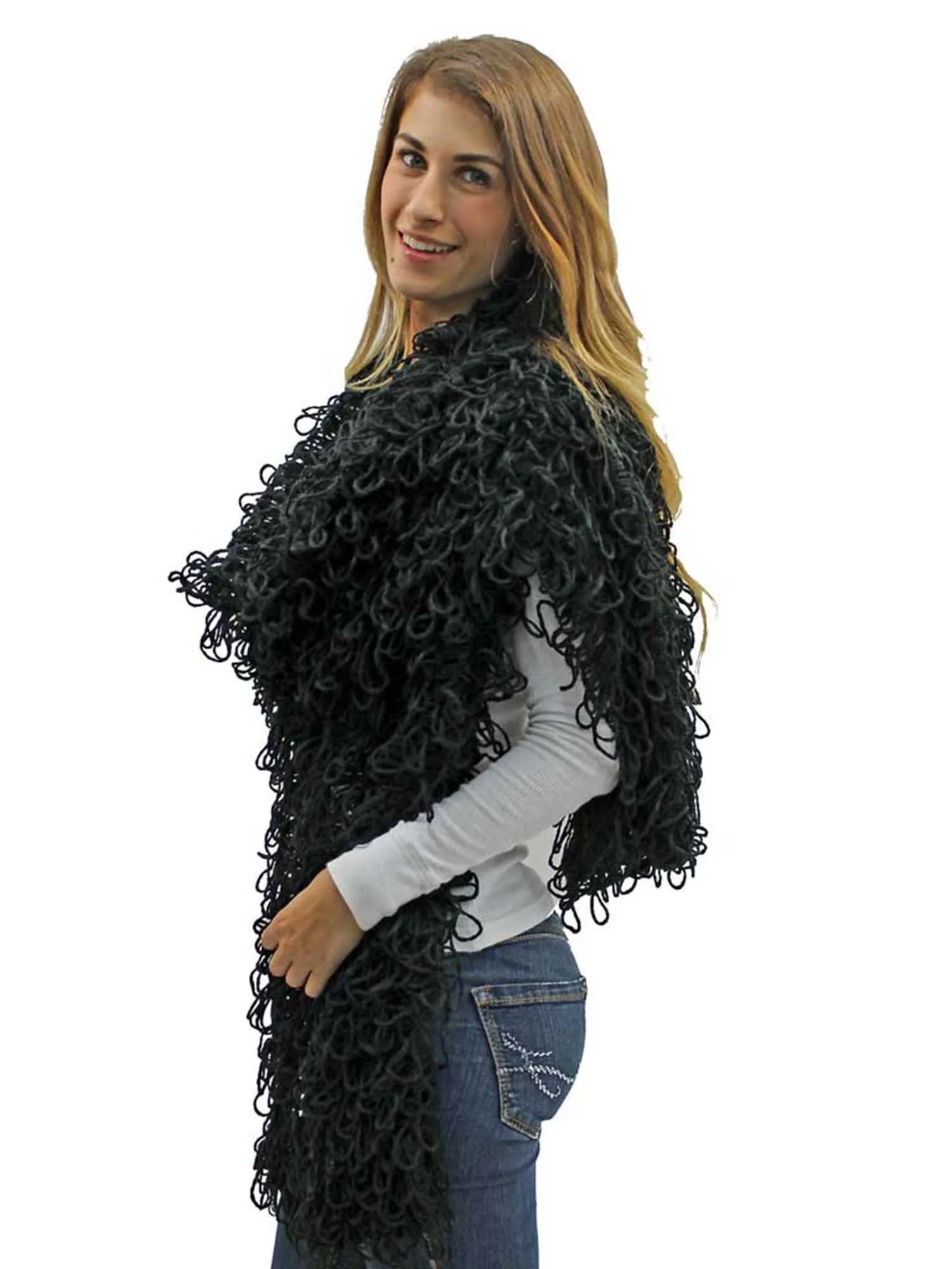 Black Loop Knit Long Shawl Scarf Wrap