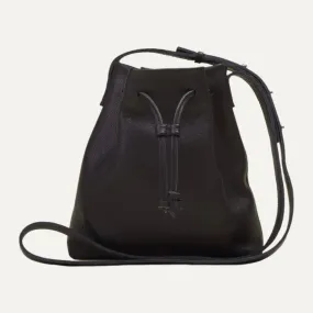 Black Mini Crossbody Tote Bag with leather drawstring closure with adjustable strap & exterior phone pocket.   California Dreame