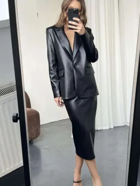 Black Pu Leather Skirt Sets For Women 2 Pieces Elegant Long Sleeve Blazers With High Waist Long Skirts Suits