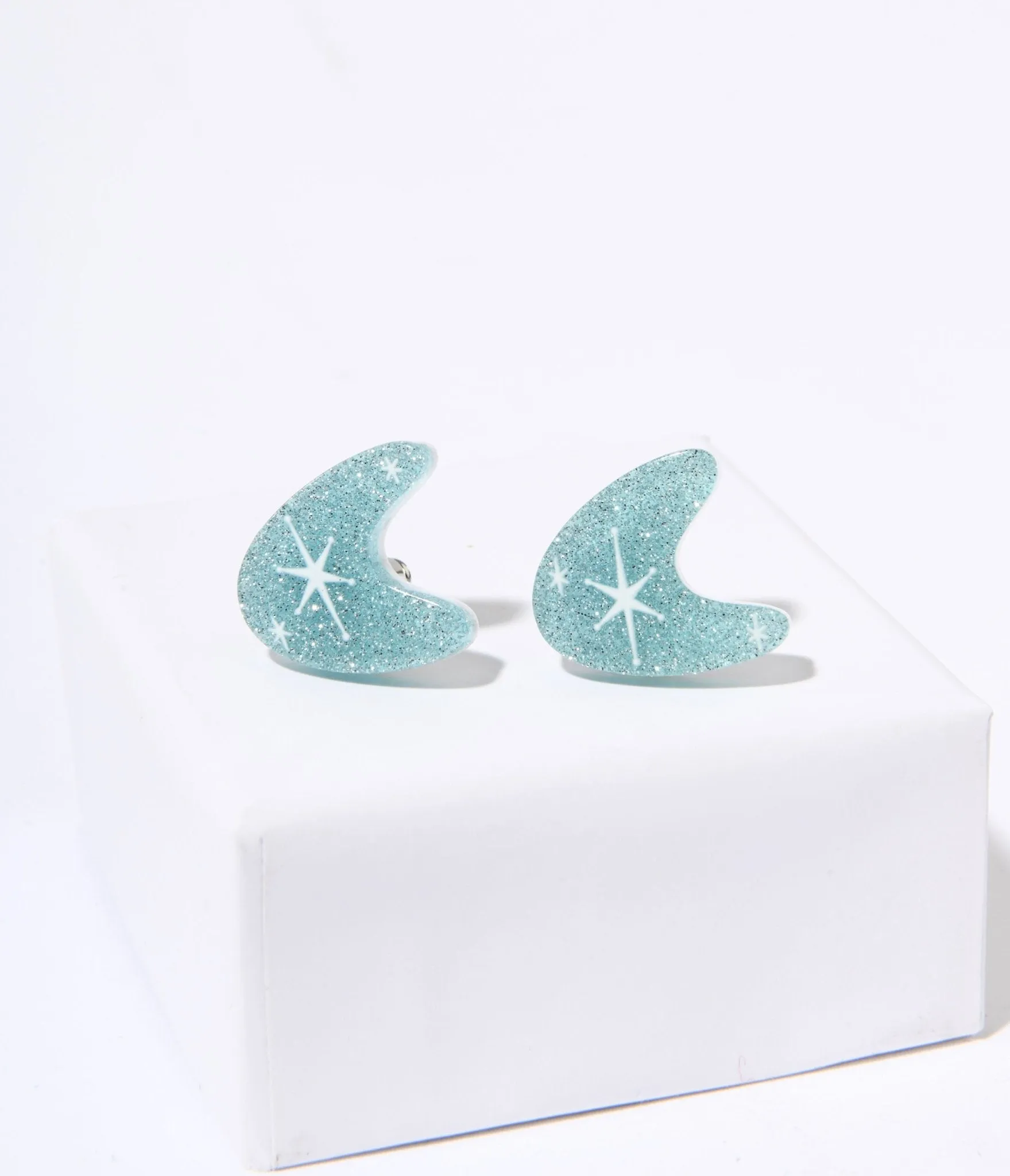 Blue Glitter Atomic Boomerang Stud Earrings