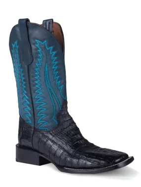 Circle G L6052 Mens Caiman Embroidery Wide Square Toe Boot Blue And Charcoal Gray