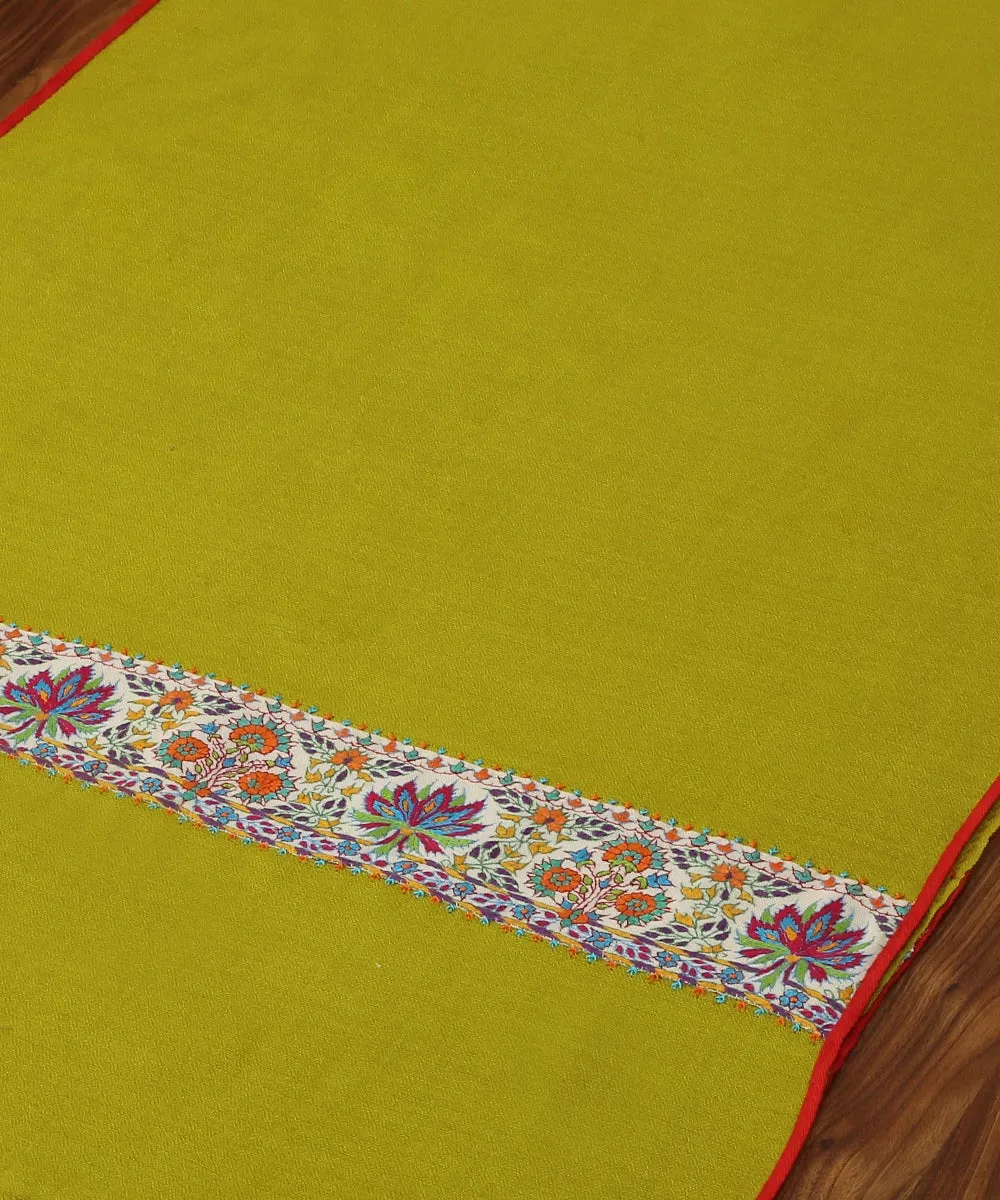 Corn Yellow Pure Pashmina Scarf With Applique Border In Kalamkari