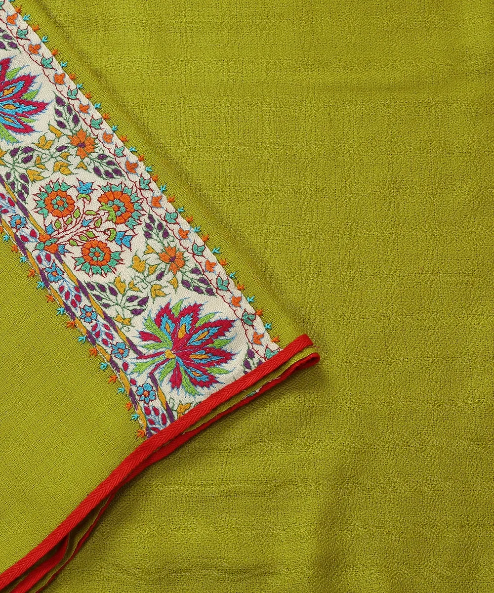 Corn Yellow Pure Pashmina Scarf With Applique Border In Kalamkari