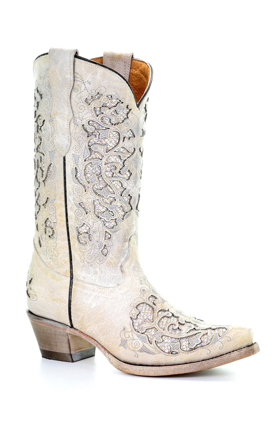 Corral Youth Girls T0021 White Leather 11in Glitter Inlay Cowboy Boots