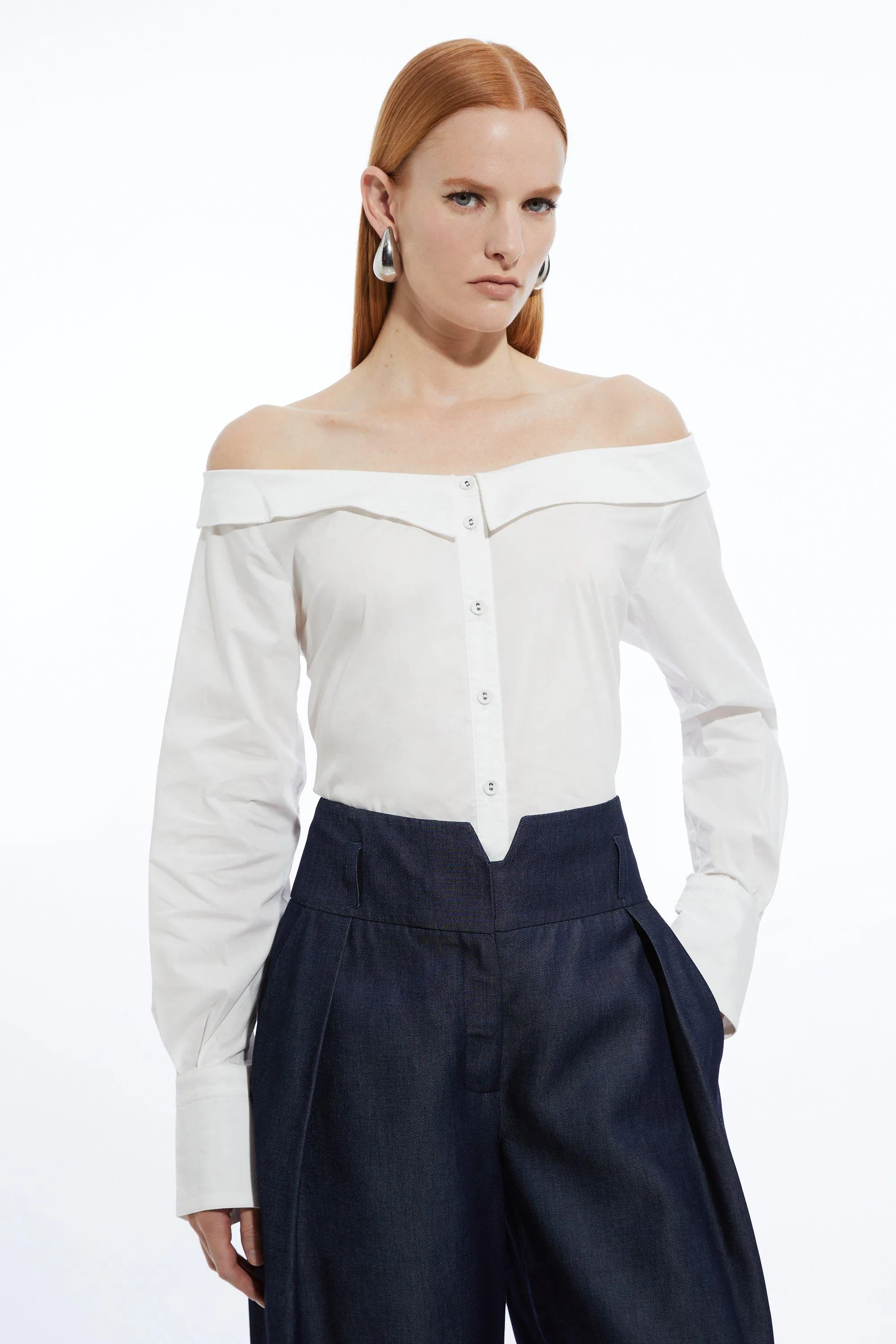 Cotton Poplin Open Neck Button Detail Woven Shirt | Karen Millen