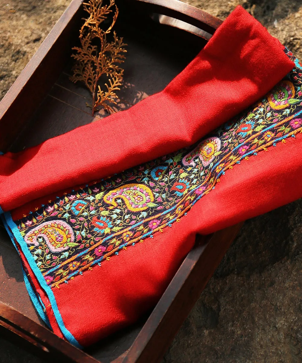 Crimson Red Pure Pashmina Scarf With Applique Border In Kalamkari