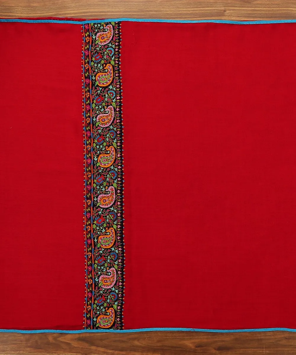 Crimson Red Pure Pashmina Scarf With Applique Border In Kalamkari