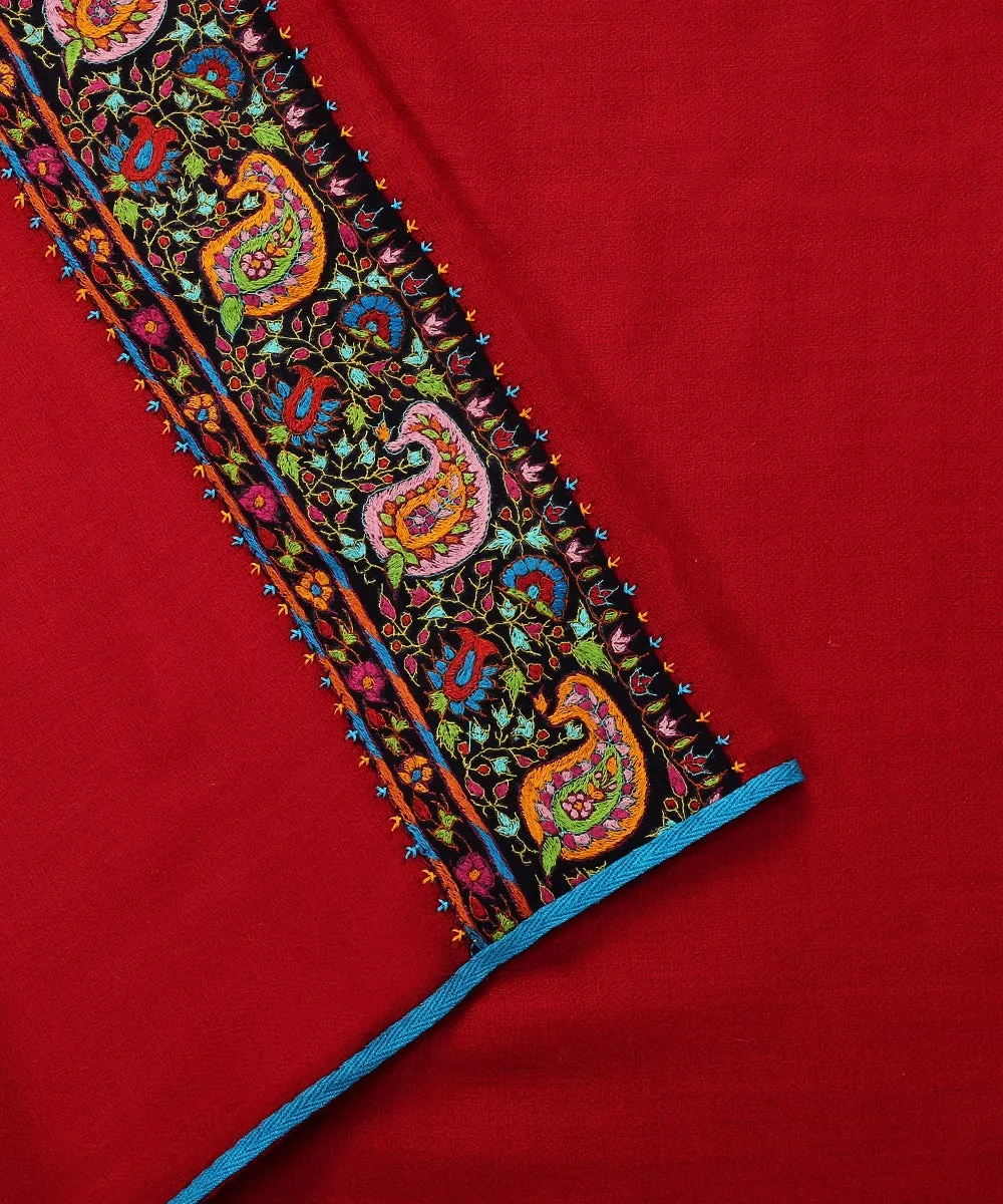 Crimson Red Pure Pashmina Scarf With Applique Border In Kalamkari