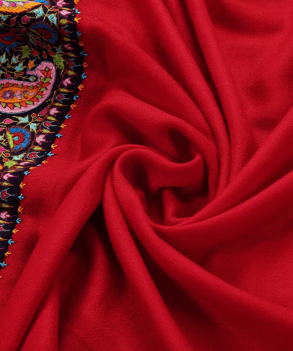 Crimson Red Pure Pashmina Scarf With Applique Border In Kalamkari