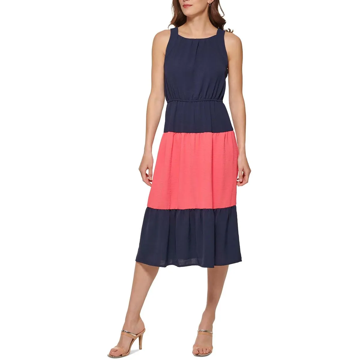 DKNY Womens Colorblock Midi Fit & Flare Dress