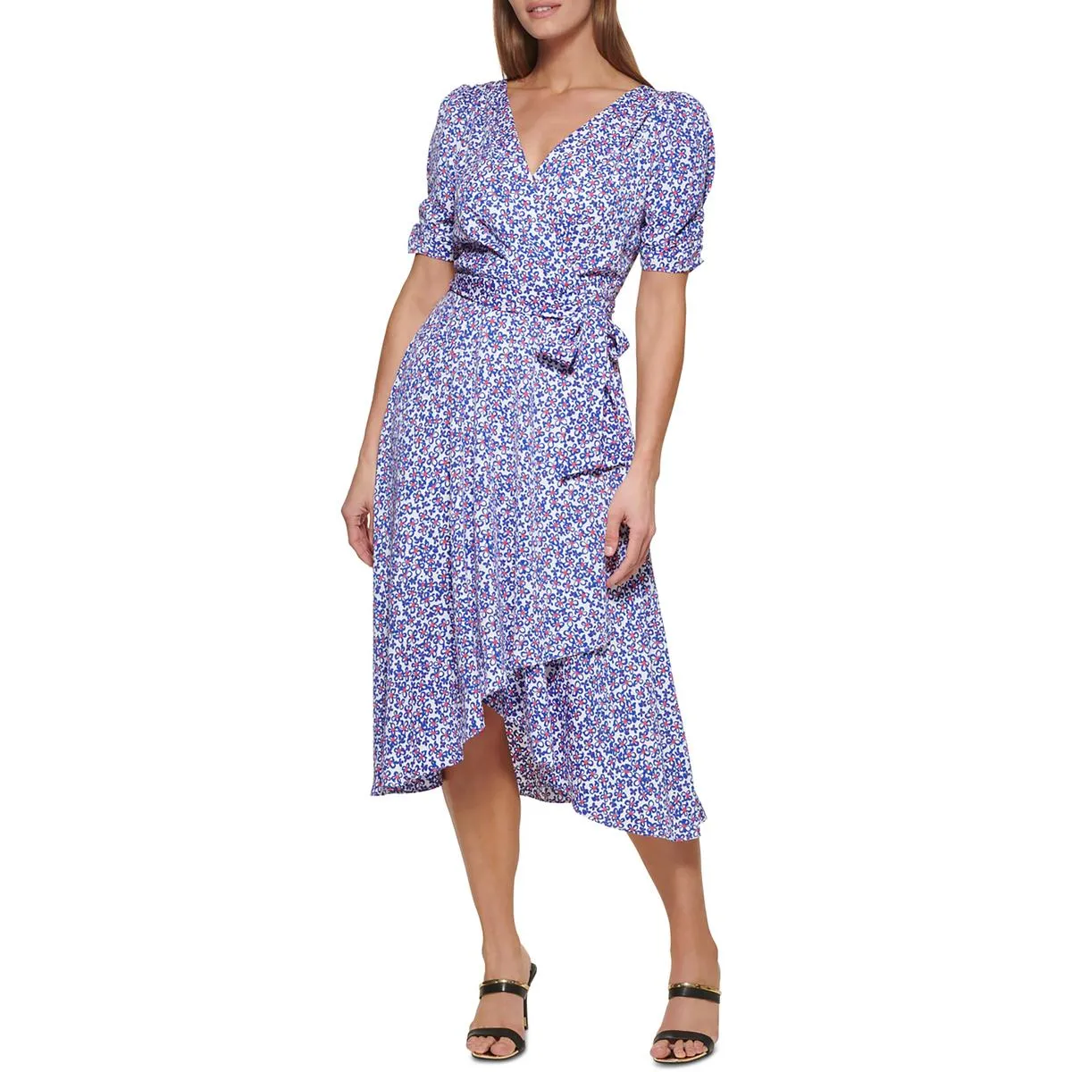 DKNY Womens Petites Floral Print Knee-Length Wrap Dress