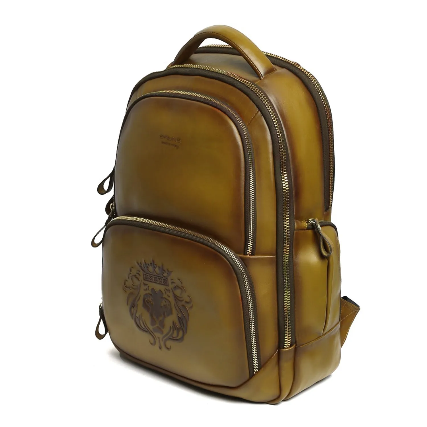 Embossed Lion Olive Green Leather Backpack