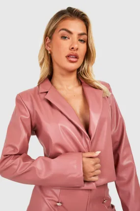 Faux Leather Button Tailored Cropped Blazer