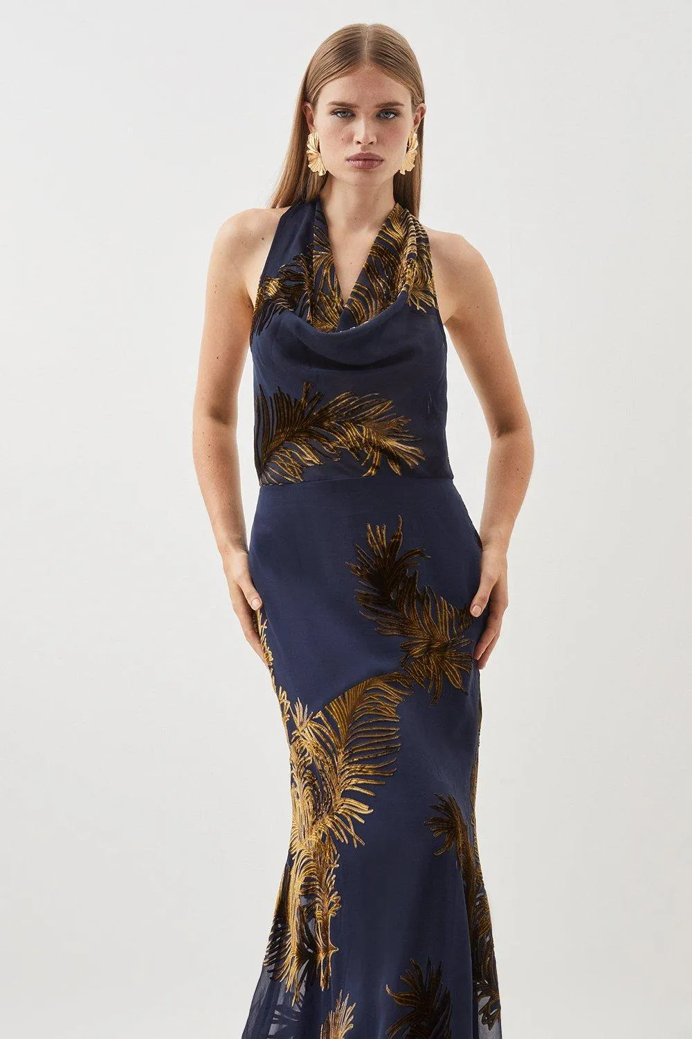 Feather Devore Halter Neck Woven Midi Dress | Karen Millen