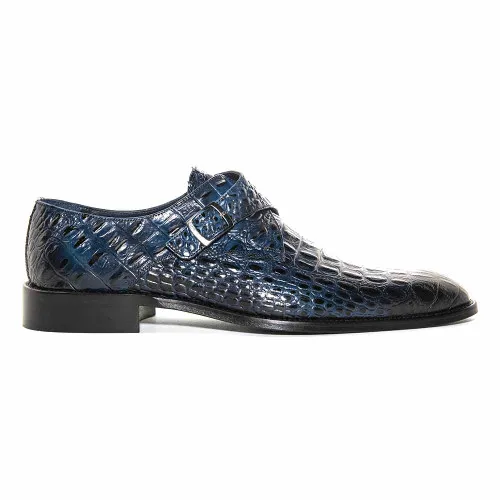 Golden Pass Crocodile Print Blue Monk Buckle Leather Sole Men's Shoes