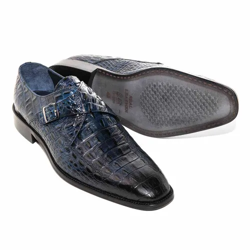 Golden Pass Crocodile Print Blue Monk Buckle Leather Sole Men's Shoes