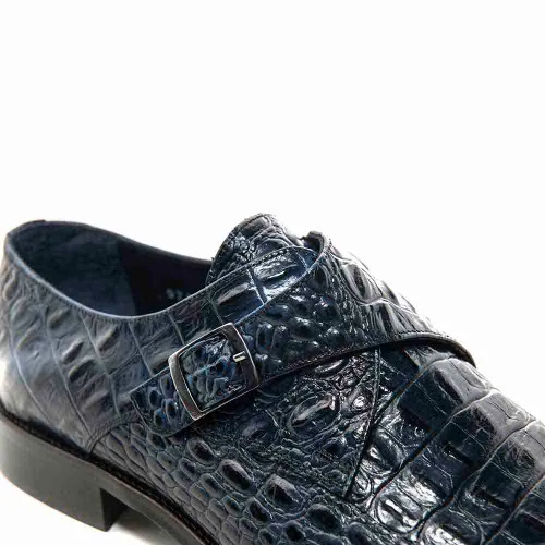 Golden Pass Crocodile Print Blue Monk Buckle Leather Sole Men's Shoes