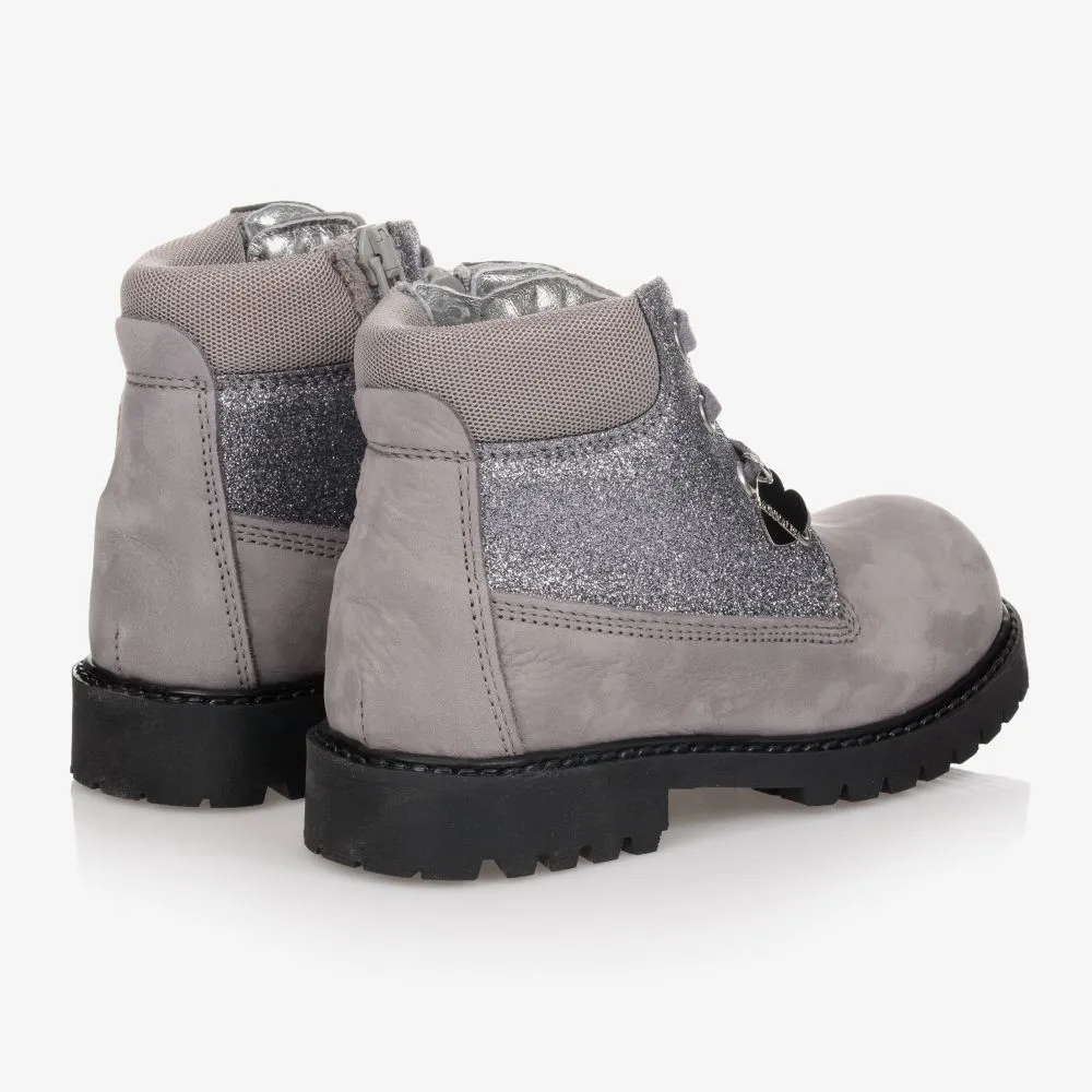 Grey Leather Glitter Boots