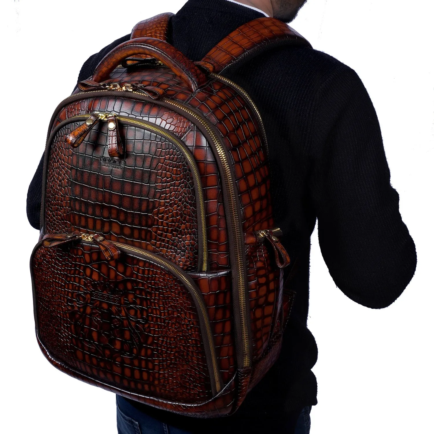 Hand Painted Leather Backpack in Cognac Smokey Finish by Brune & Bareskin