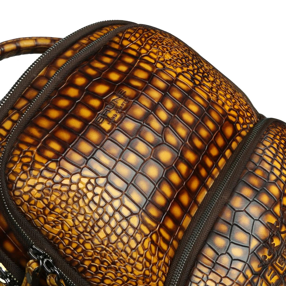 Hand Painted Leather Backpack With Smokey Finish Yellow Croco Textured