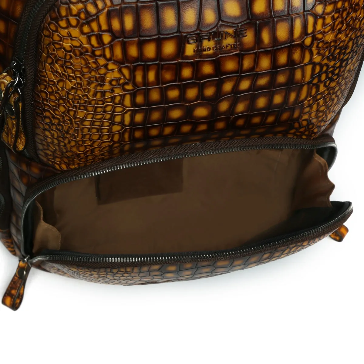 Hand Painted Leather Backpack With Smokey Finish Yellow Croco Textured