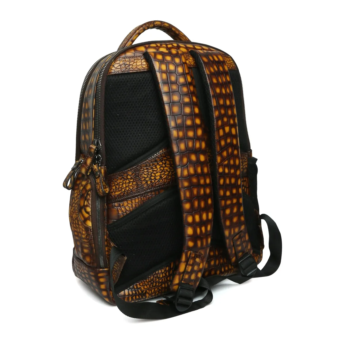 Hand Painted Leather Backpack With Smokey Finish Yellow Croco Textured