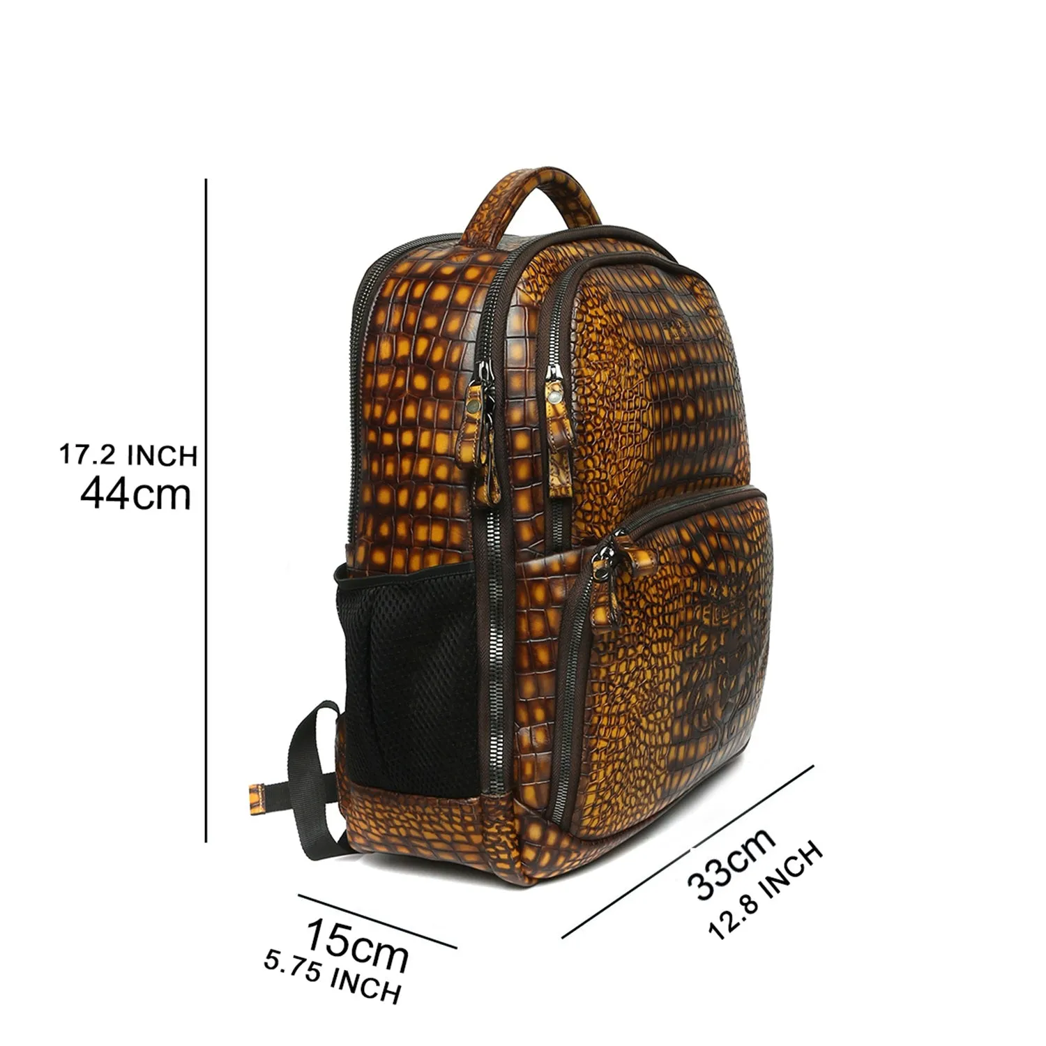 Hand Painted Leather Backpack With Smokey Finish Yellow Croco Textured