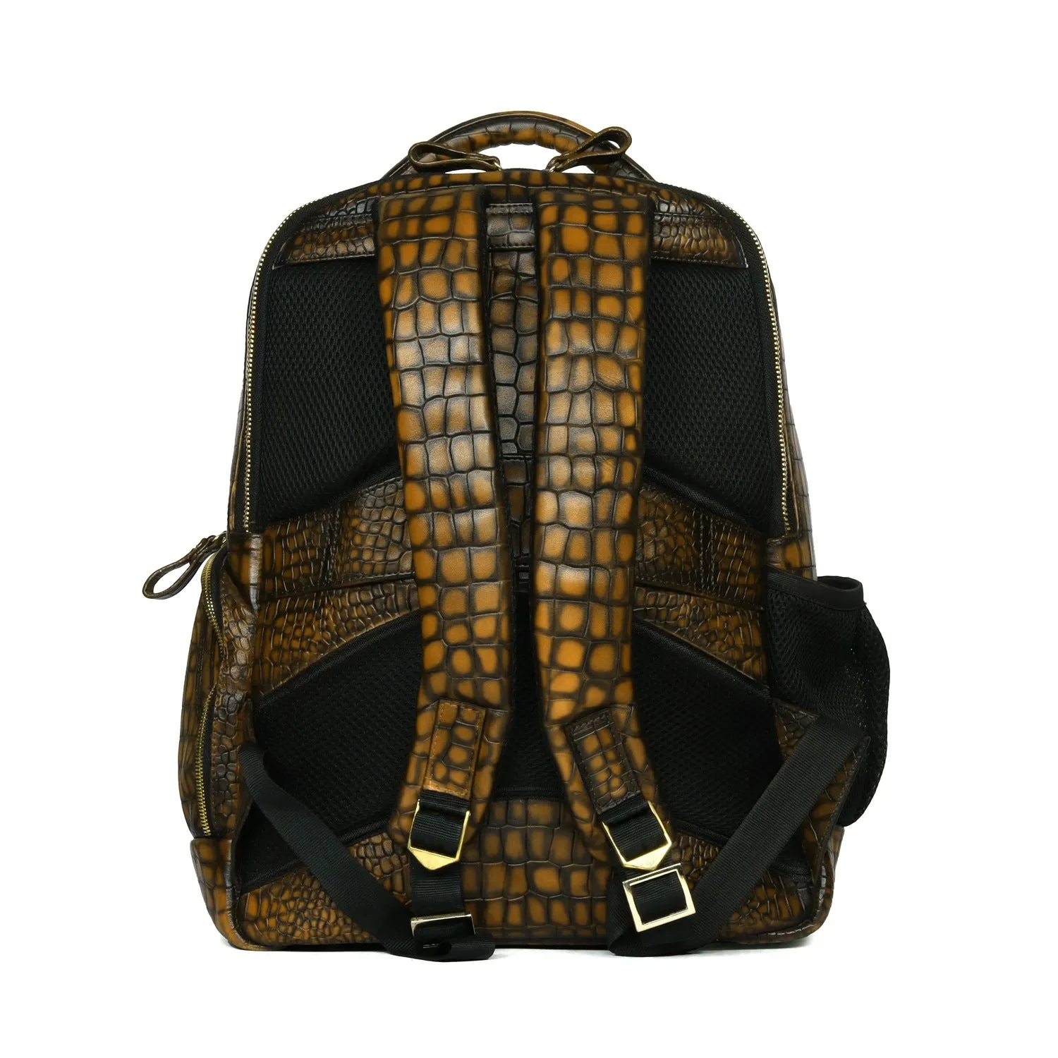 Hand Painted Leather Backpack With Smokey Finish Yellow Croco Textured