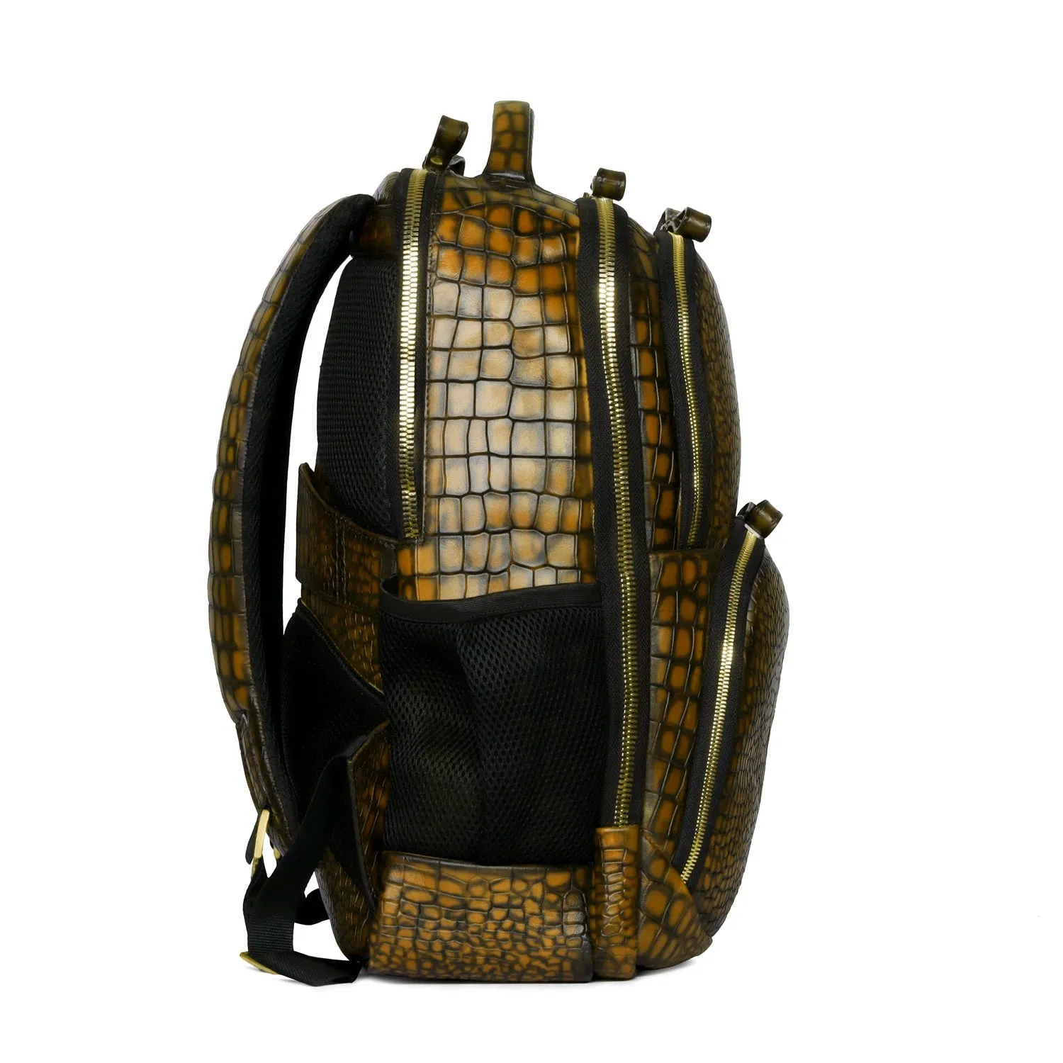 Hand Painted Leather Backpack With Smokey Finish Yellow Croco Textured