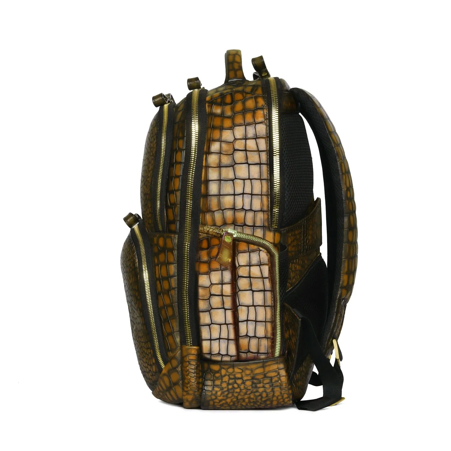 Hand Painted Leather Backpack With Smokey Finish Yellow Croco Textured