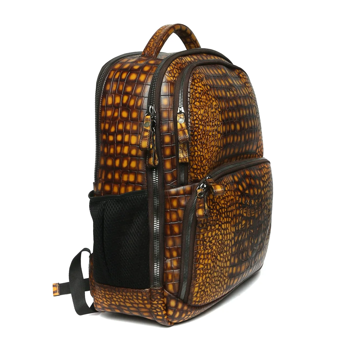 Hand Painted Leather Backpack With Smokey Finish Yellow Croco Textured