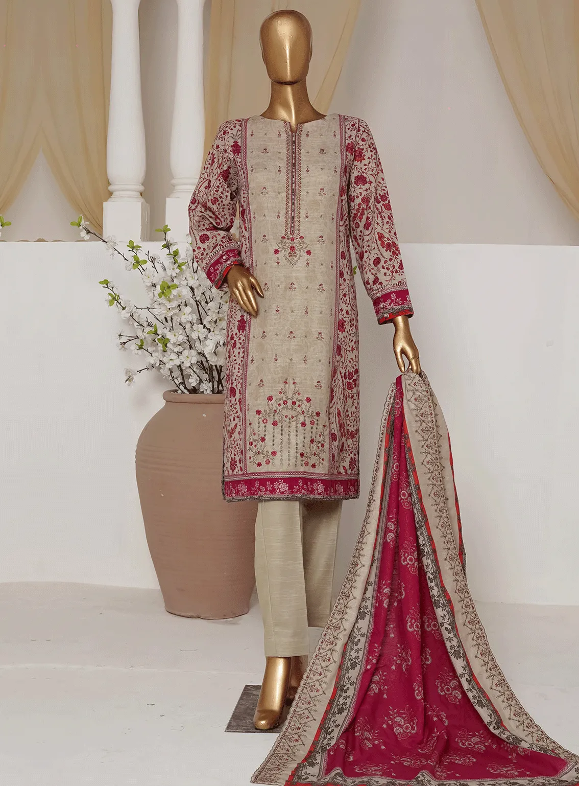 HZ Textile Embroidered Khaddar Unstitched 3 Piece Suit - HZ23PK 19