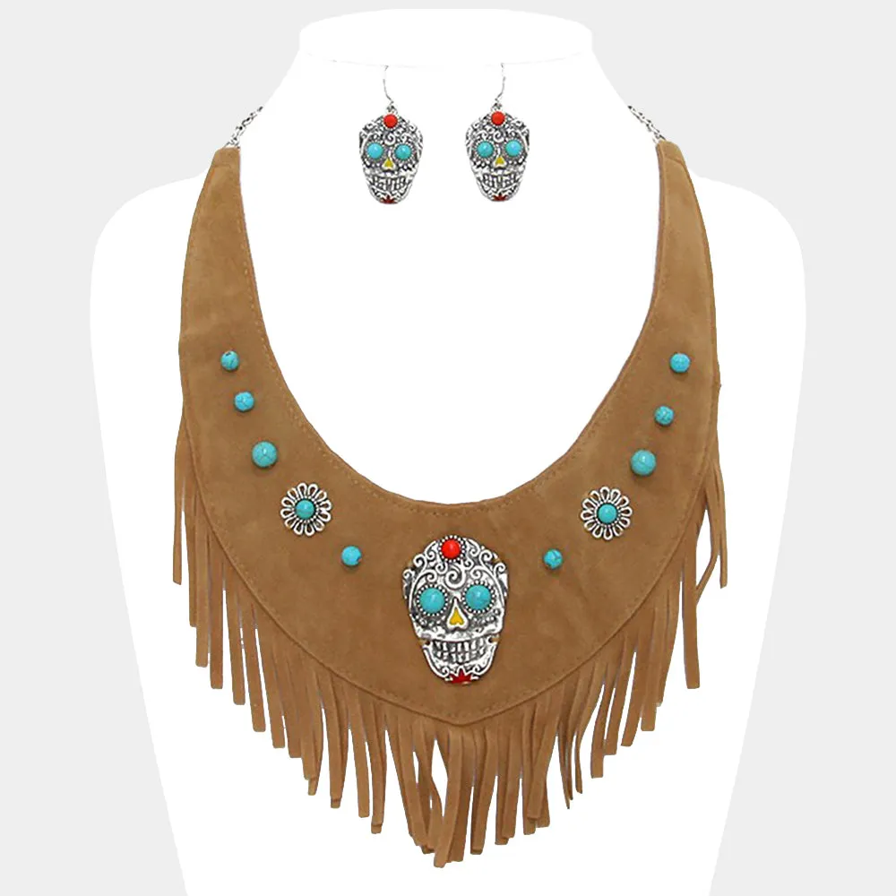 iLLASPARKZ Day of the Dead Mexican Sugar Skull Suede Fringe Bib Necklace