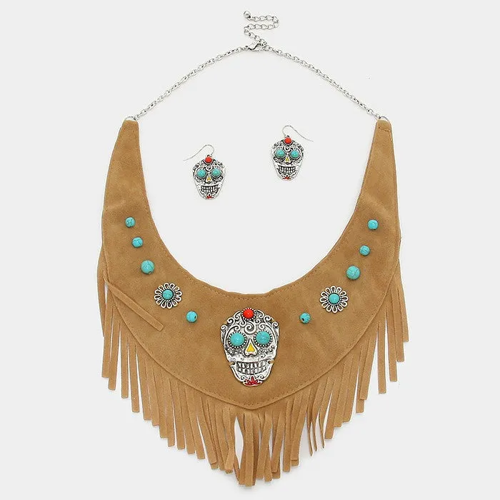 iLLASPARKZ Day of the Dead Mexican Sugar Skull Suede Fringe Bib Necklace