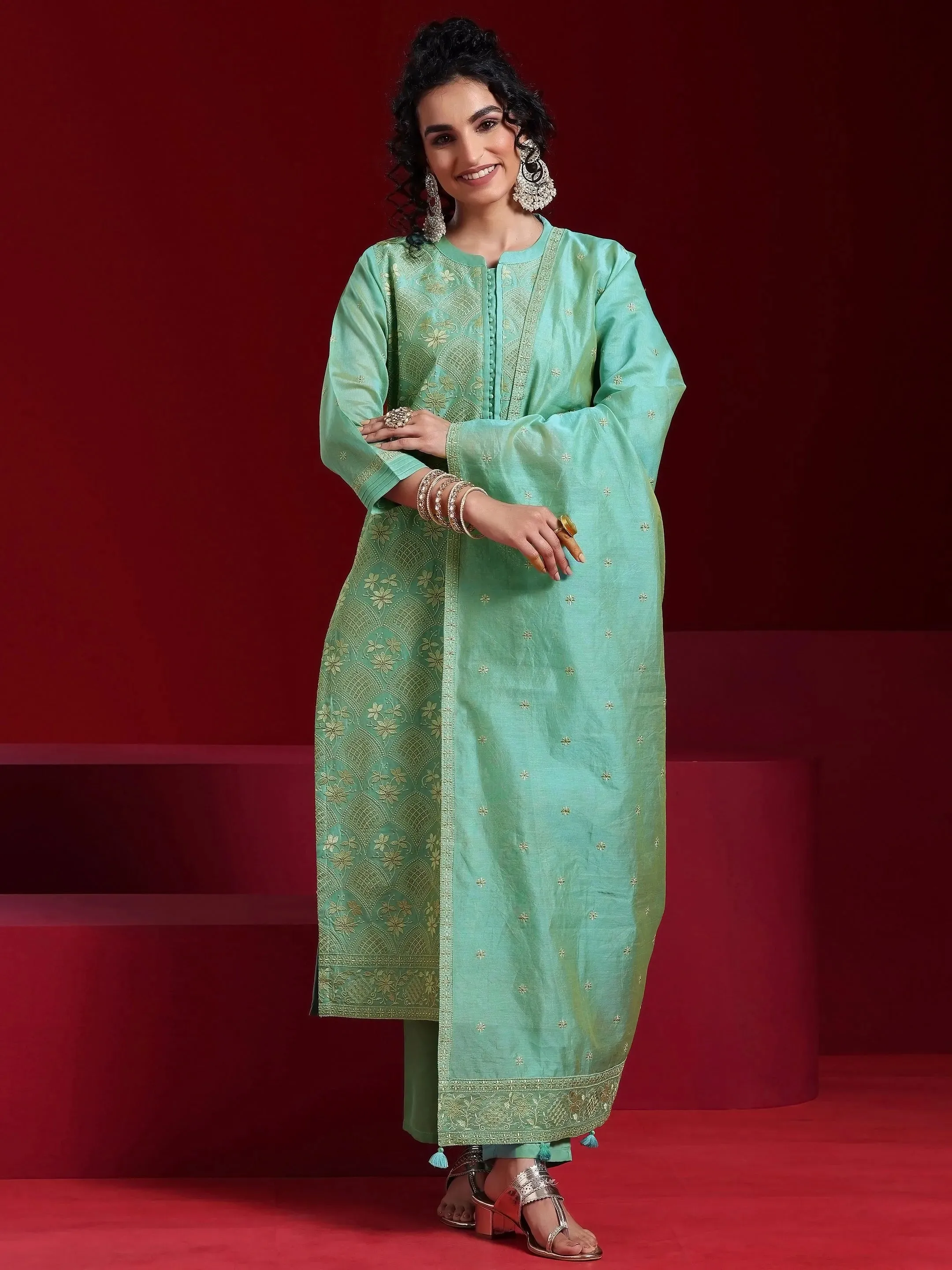 Libas Art Green Embroidered Chanderi Silk Straight Suit With Dupatta