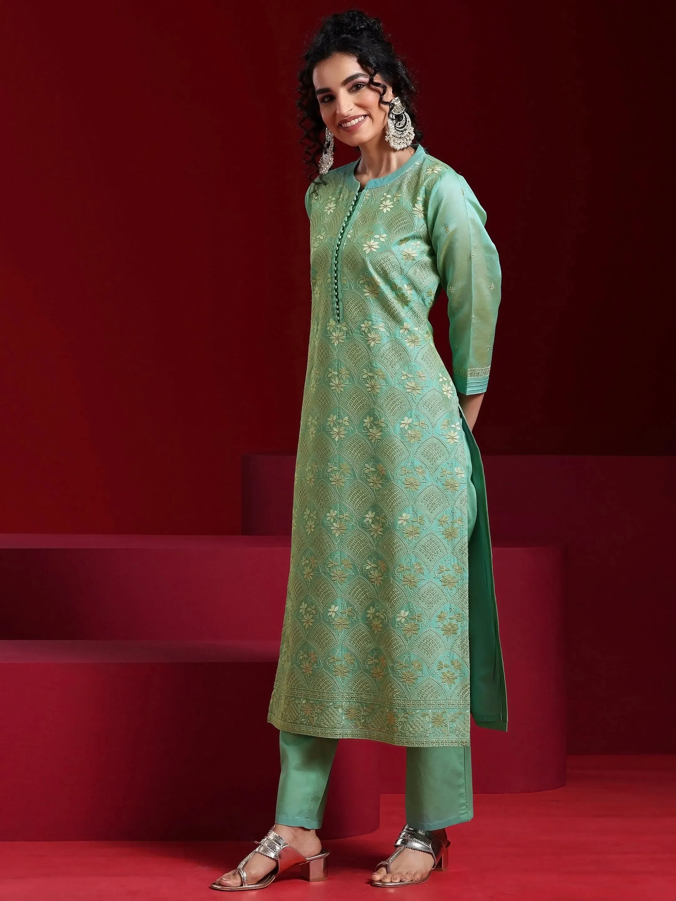 Libas Art Green Embroidered Chanderi Silk Straight Suit With Dupatta