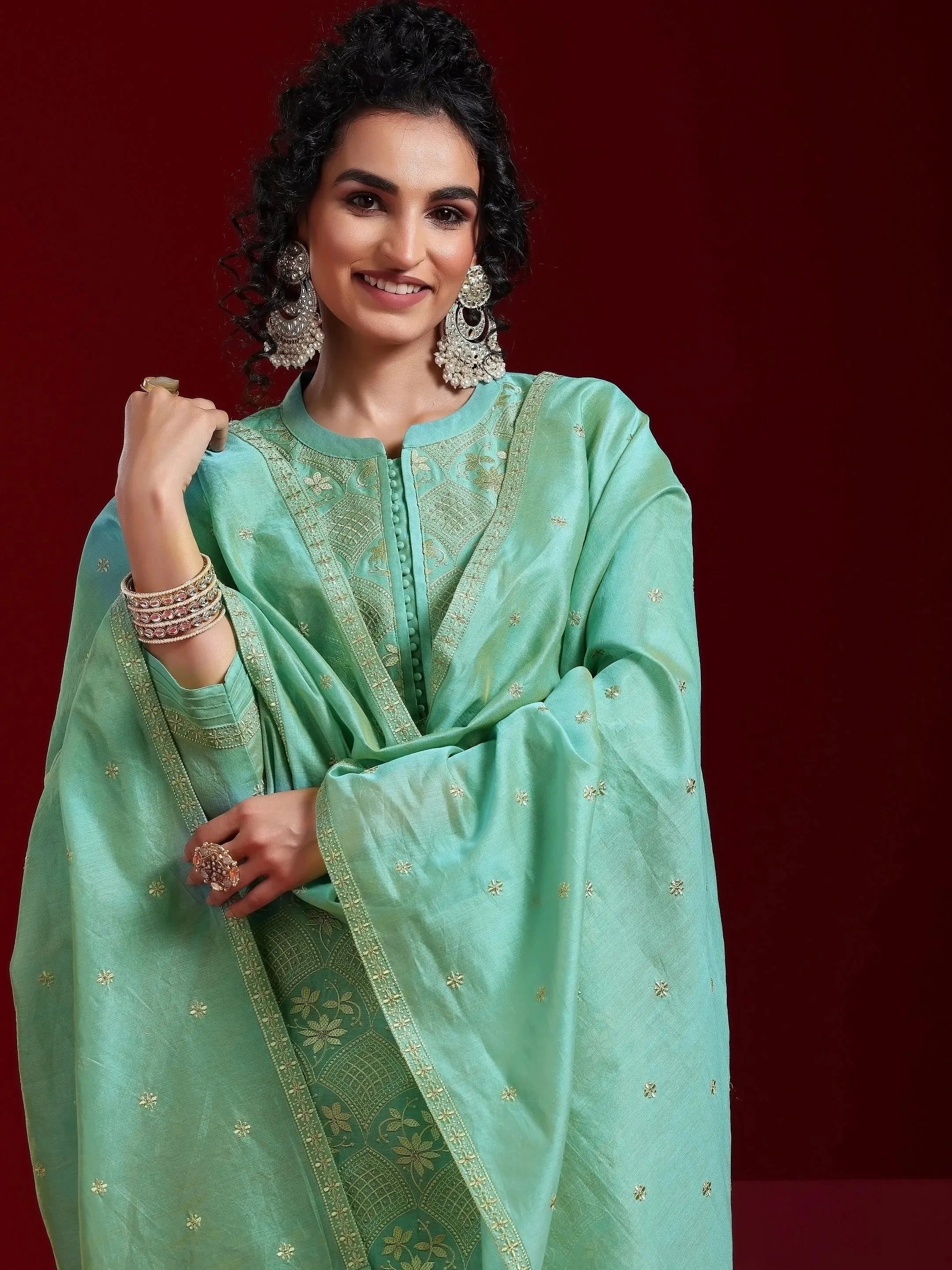 Libas Art Green Embroidered Chanderi Silk Straight Suit With Dupatta