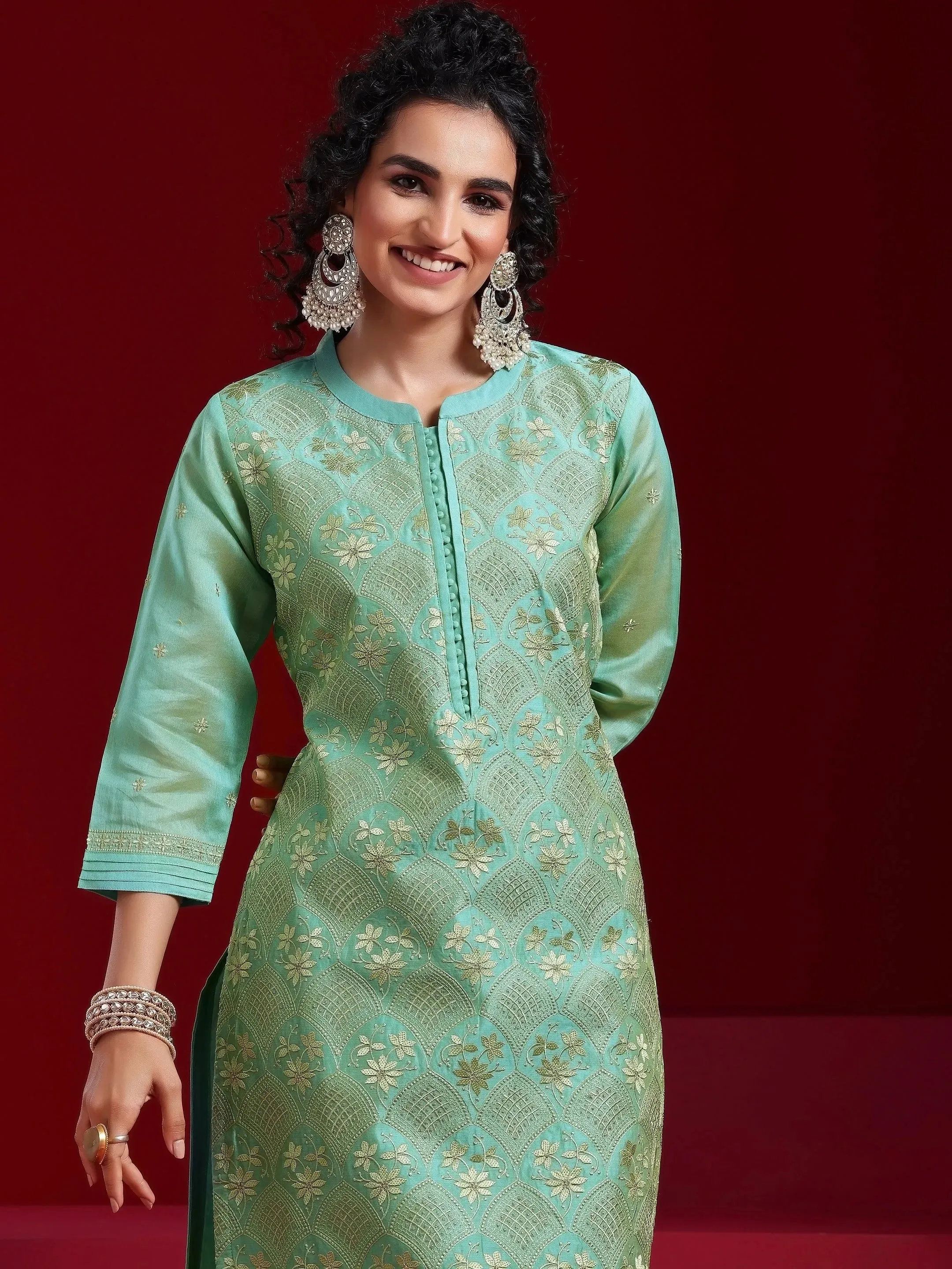 Libas Art Green Embroidered Chanderi Silk Straight Suit With Dupatta