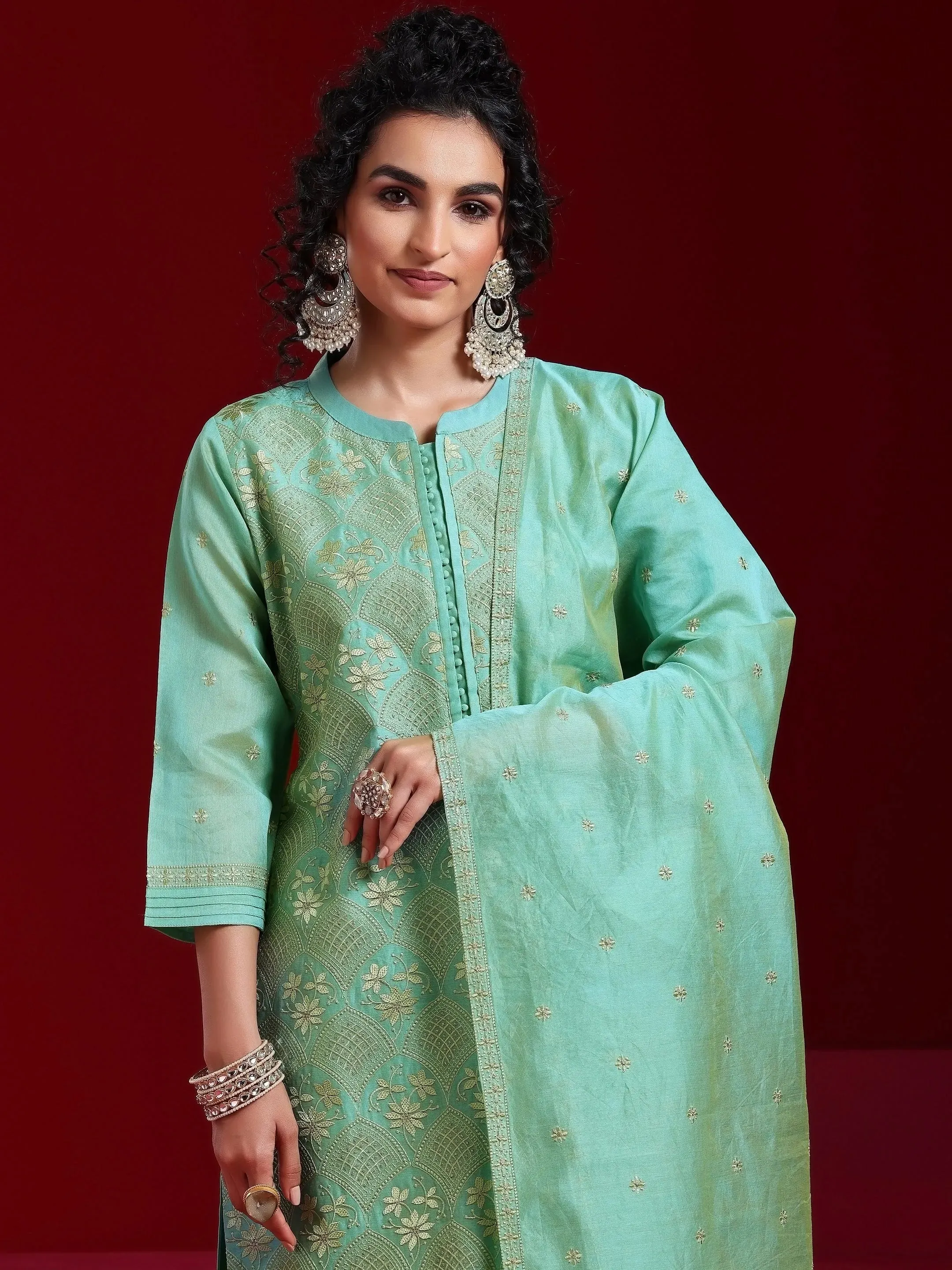 Libas Art Green Embroidered Chanderi Silk Straight Suit With Dupatta