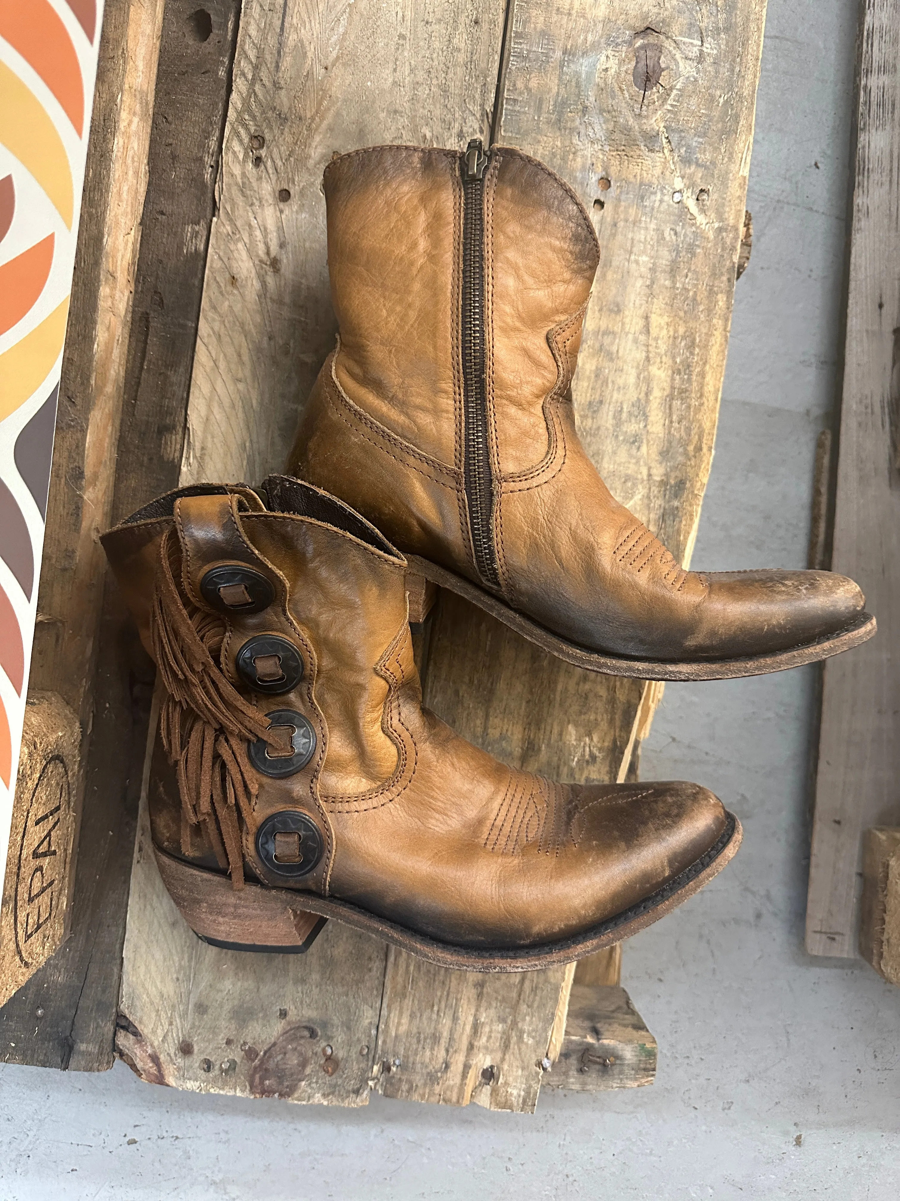 Liberty Black Fringe Concho Brown Leather Cowgirl Booties Size 9.5  ~ Queen Bee's Closet #1091